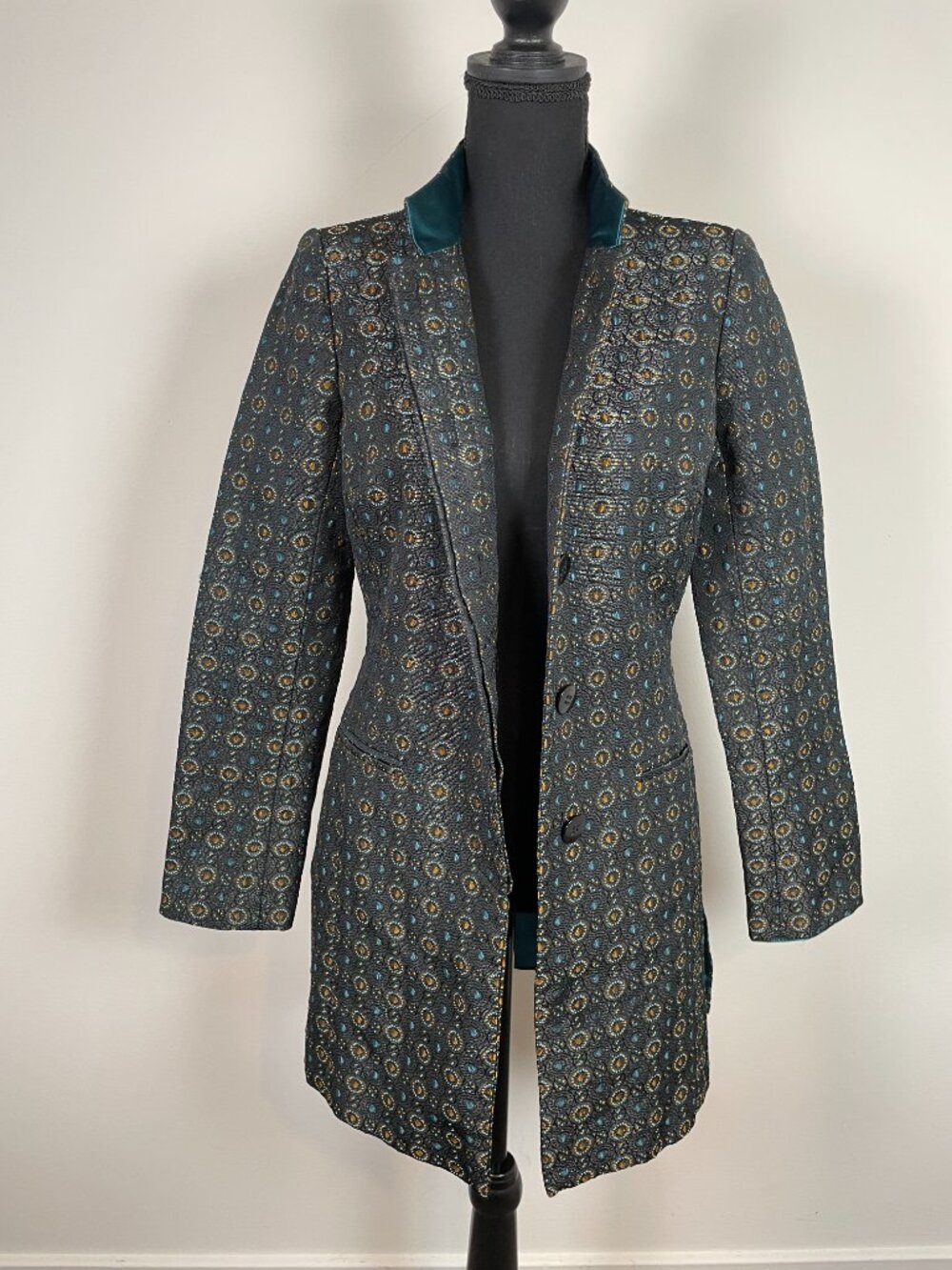 Paola Quadretti Teal Gold Jacquard Long Jacket Made in Italy